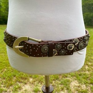 ORCIANI BELT BROWN LEATHER BELT STUDS EMBELLISHED LARGE BUCKLE 85 cm Size S